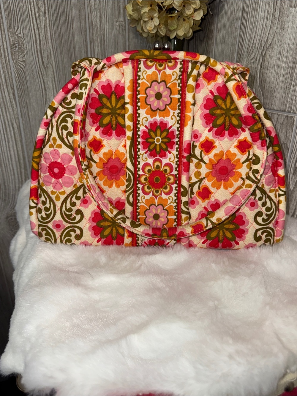 Vera Bradley Floral Quilted Handbag-Pink, Olive & Orange